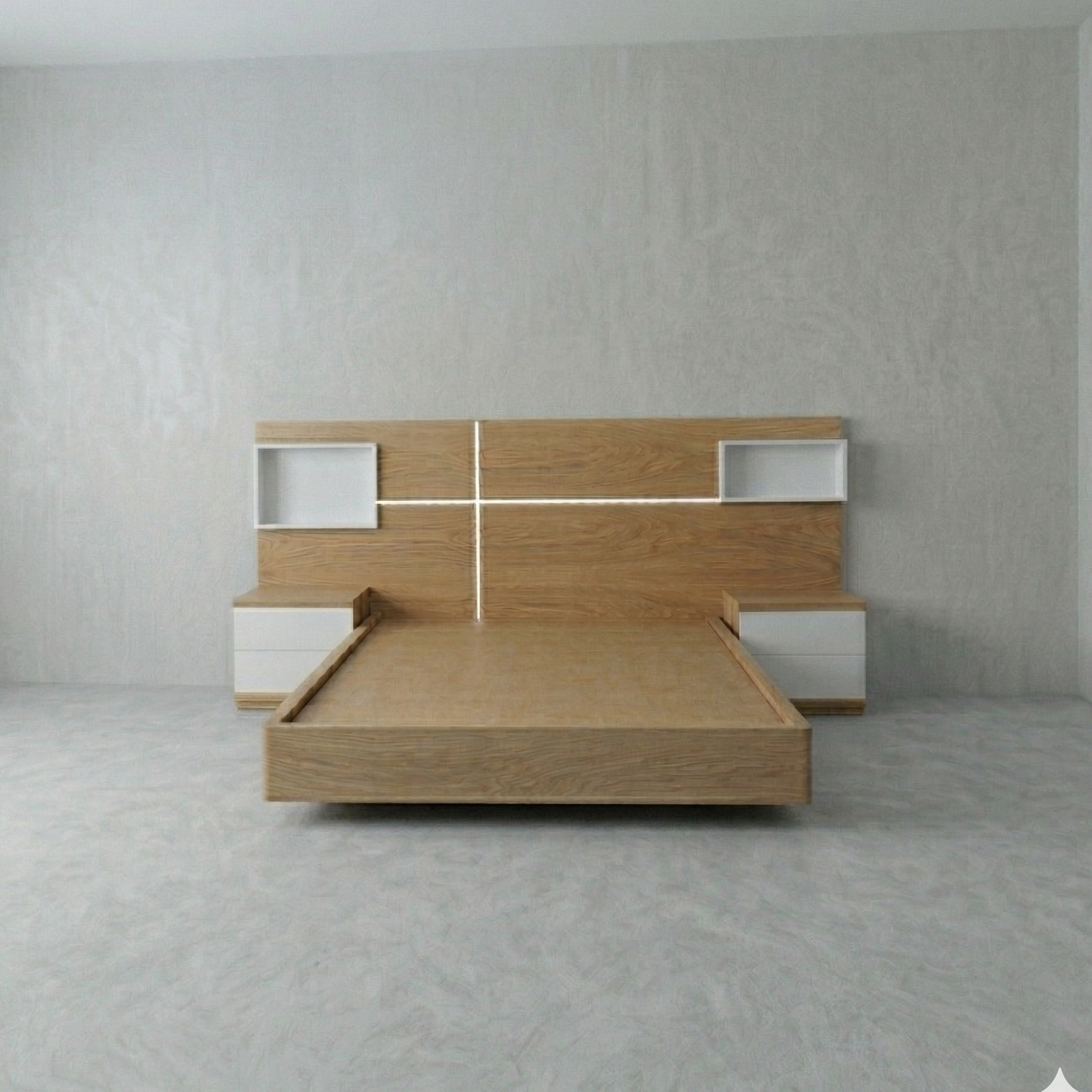 Cama Primavera, vista frontal en dormitorio con nocheros integrados