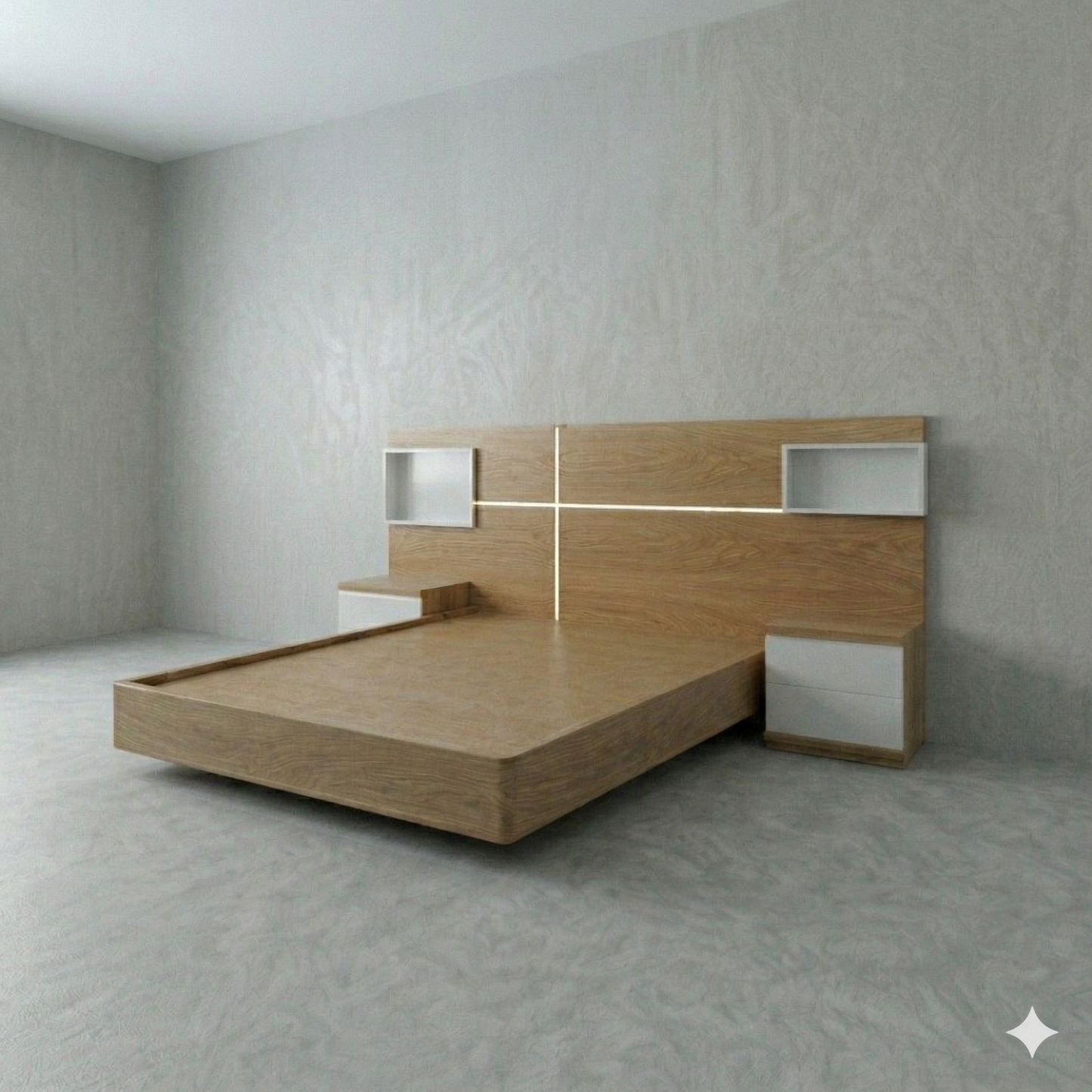 Cama con diseño moderno enchapada en Roble Natural | Modelo Primavera