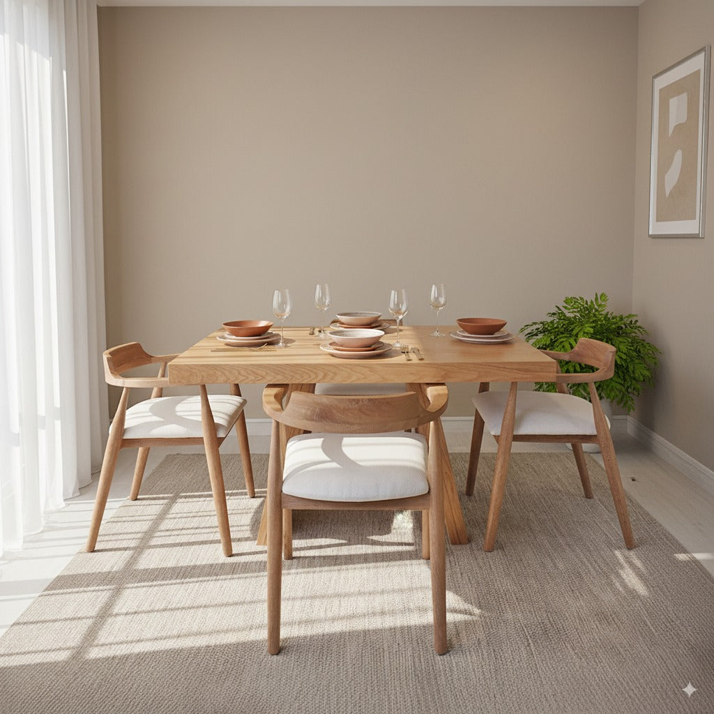 Juego de Comedor Andino en madera natural – Mesa enchapada y sillas en roble