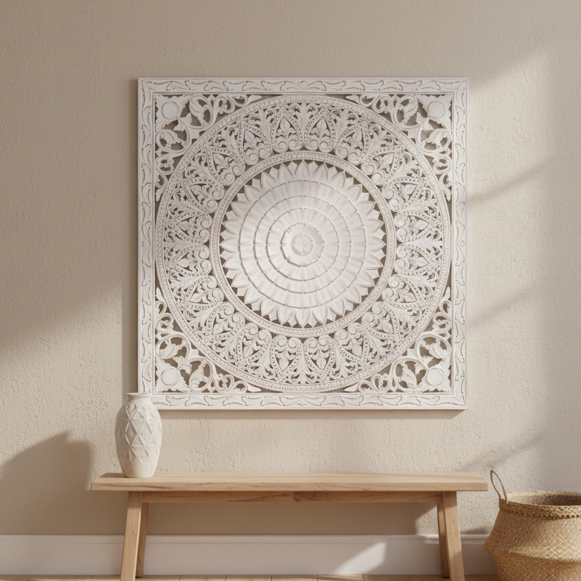 Mandala Cuadrada Tallada a Mano en MDF | Diseño Floral Sun