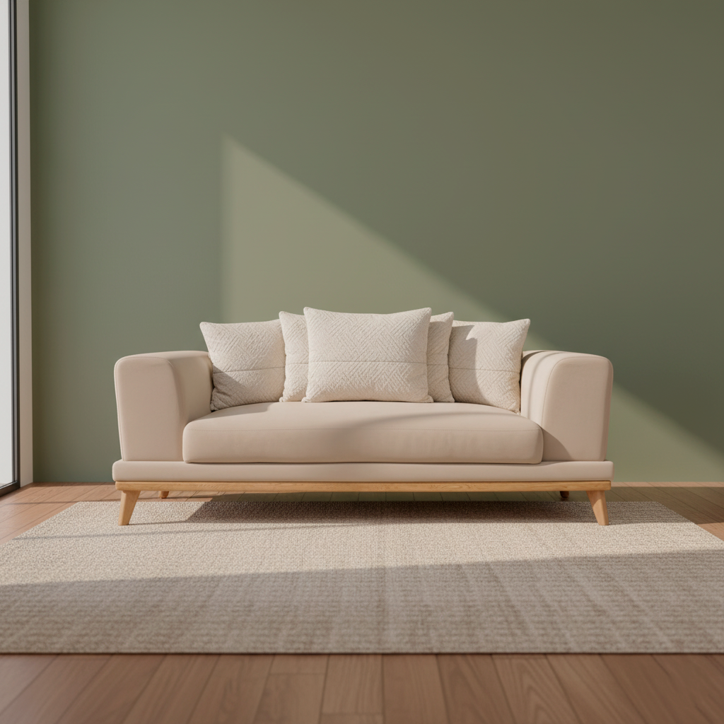 Sofá Ónix con base en roble natural, vista general en sala