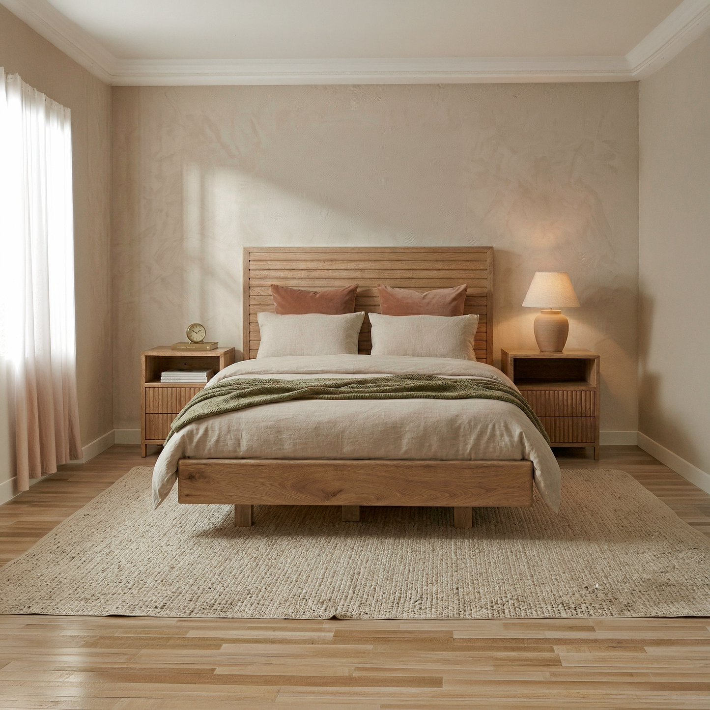 Cama Bahía con nocheros en roble macizo, vista general en dormitorio