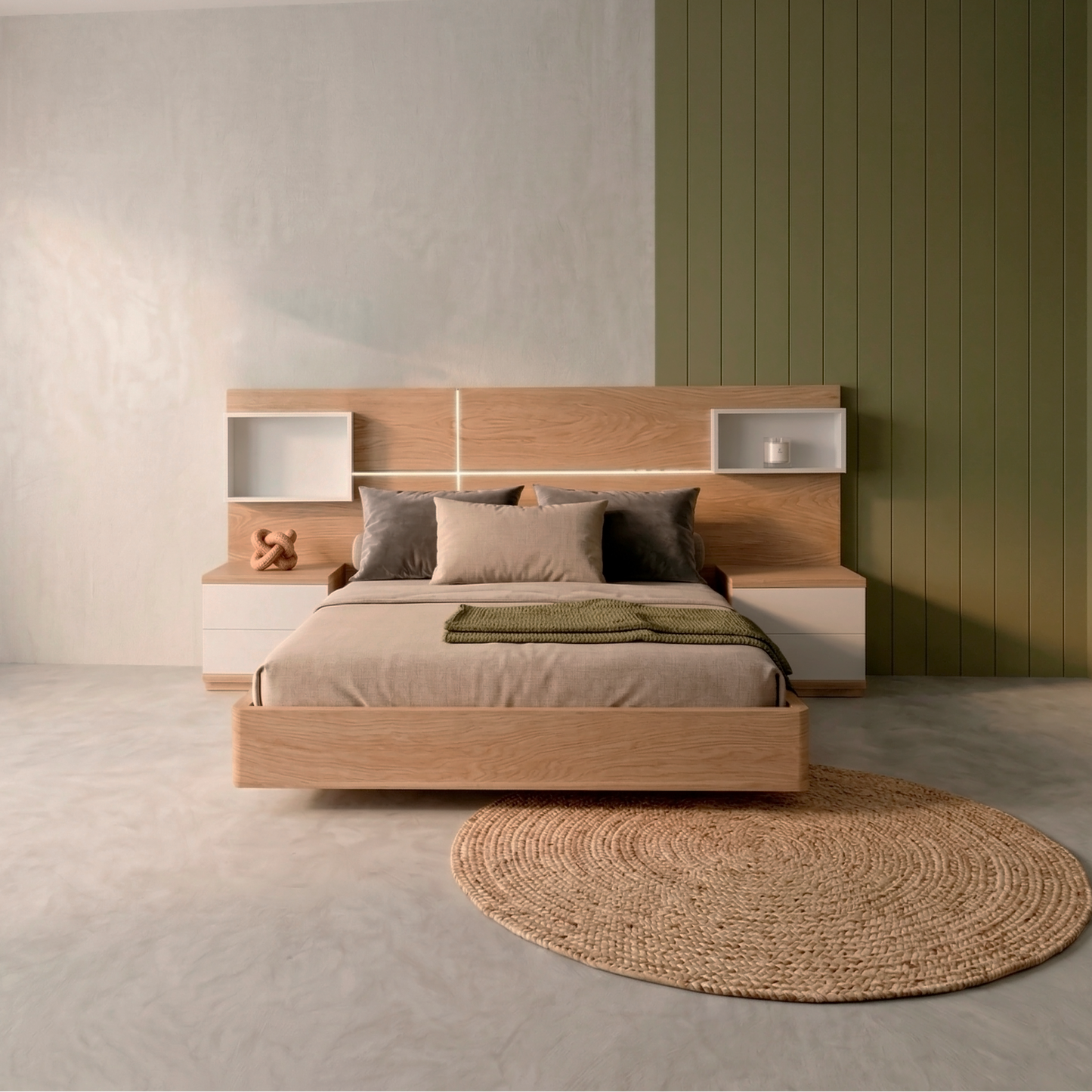Cama Primavera en roble macizo con espaldar enchapado en madera natural