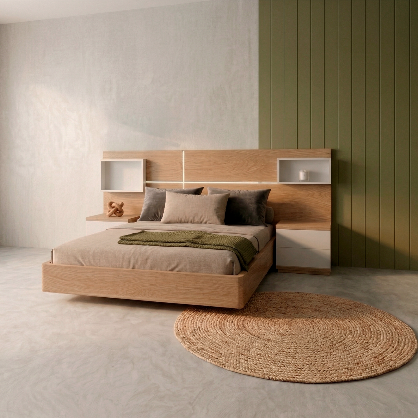 Detalle del espaldar enchapado de la Cama Primavera