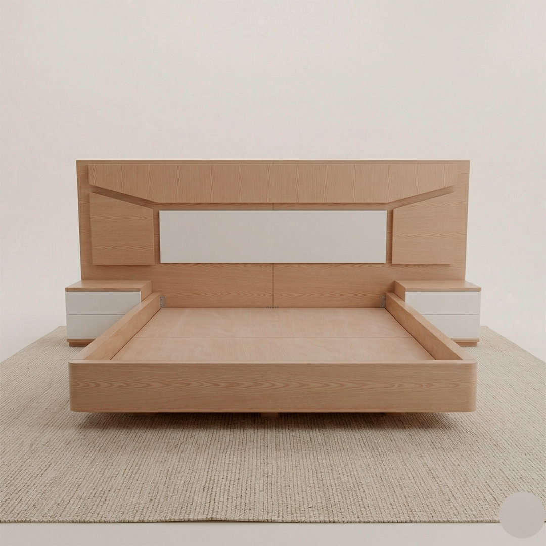 Cama de madera natural modelo Catedral con cabecero geométrico de diseño exclusivo Loft Mobiliario