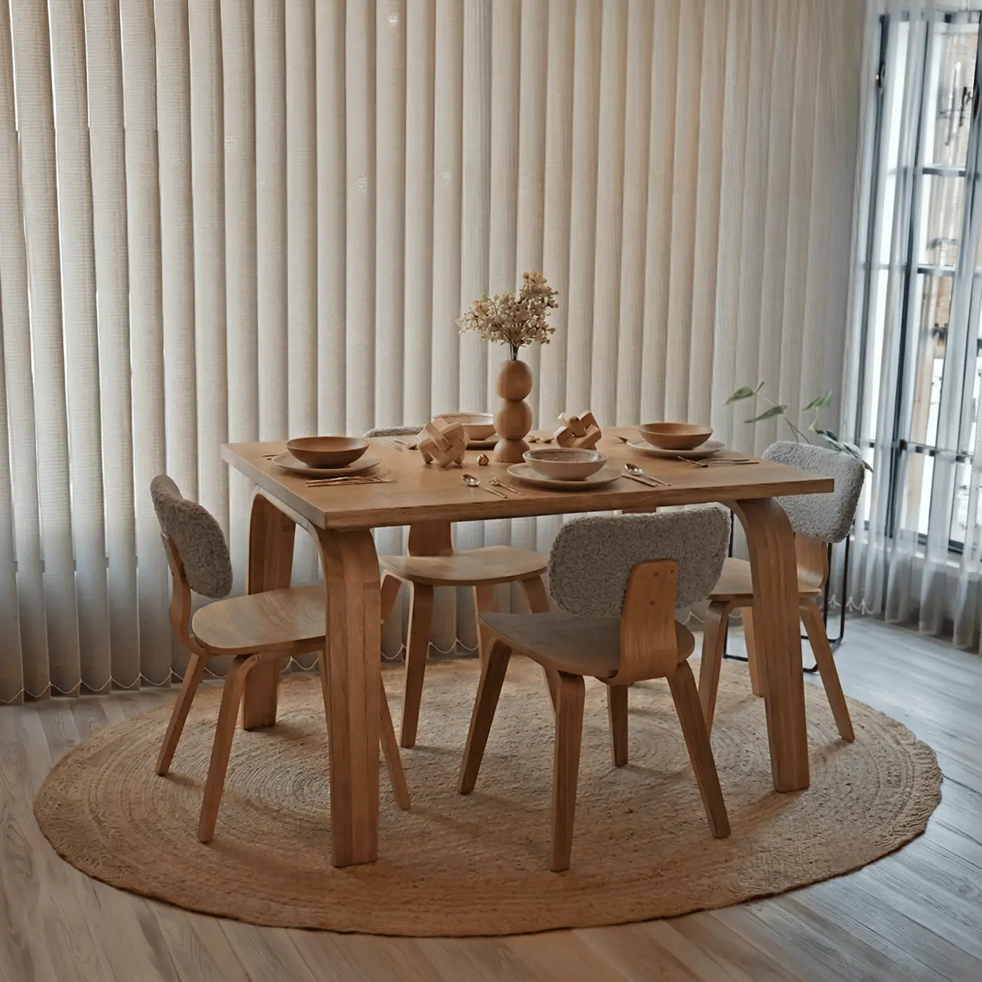 Comedor moderno en madera natural de 4 puestos modelo Mompox en ambiente interior elegante