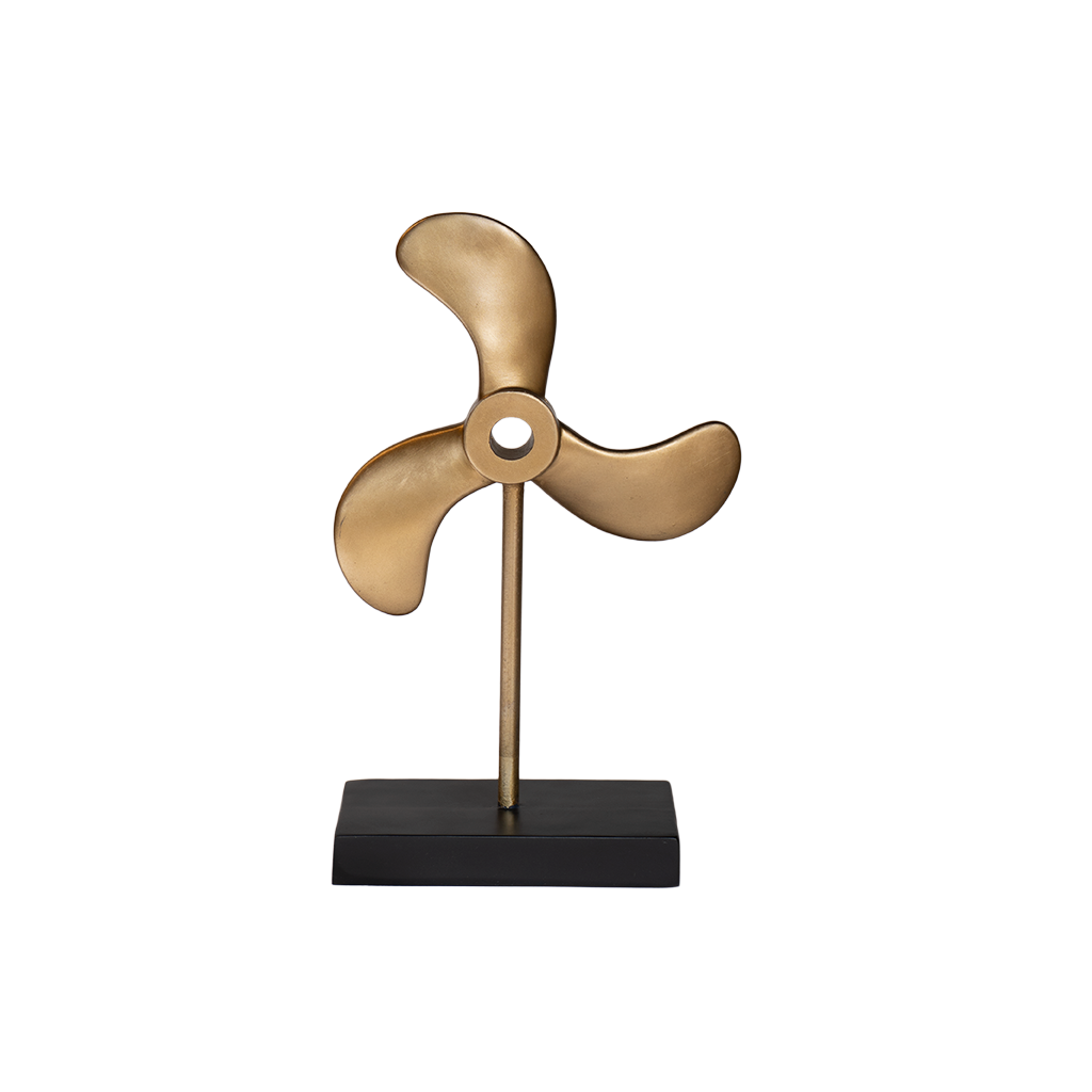 Hélice Decorativa Dorada | Escultura en metal con base negra