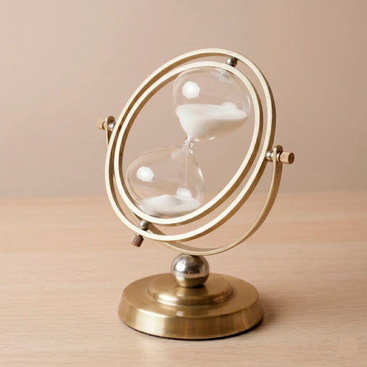 Reloj de arena estilo nórdico con base metálica para estanterías y escritorios.