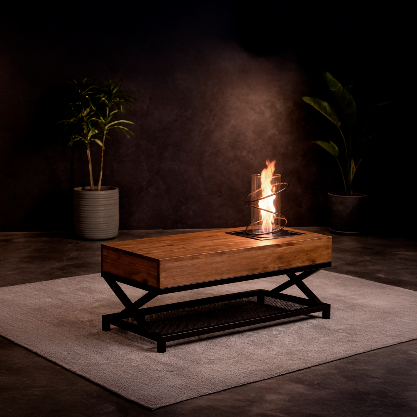 Mesa de centro Caliza con chimenea de etanol, vista general en sala