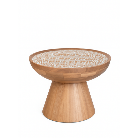 Mesa Tallada Nativo en Roble Macizo – Diseño Redondo Artesanal Colombiano