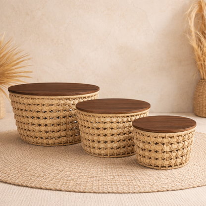 Set de Mesas de Centro en Fibra Natural y Madera | Modelo Palma