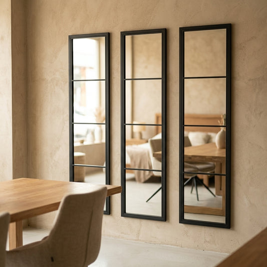 Espejo ventana de 3 módulos con marco metálico vertical estilo industrial, en pared — Loft Mobiliario