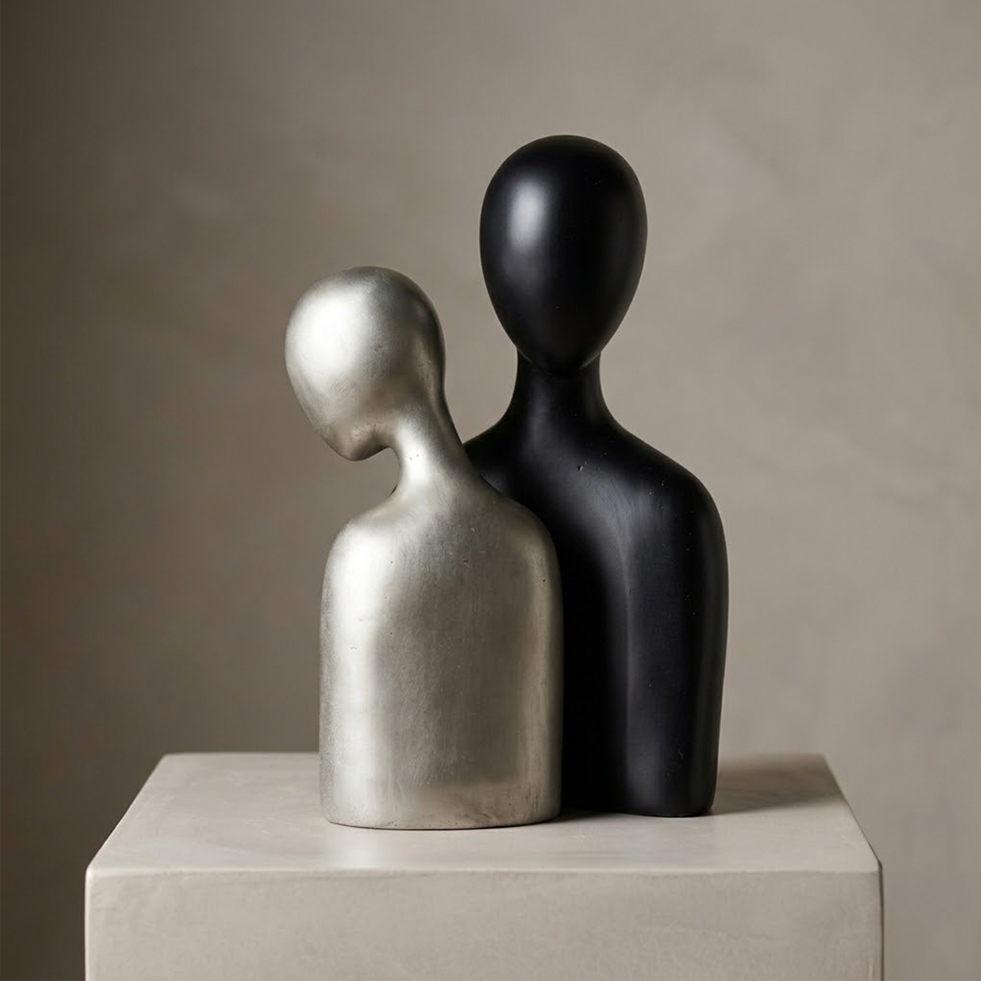 Set de dos esculturas abstractas de pareja en resina, una negra mate y otra en acabado plateado, sobre fondo blanco