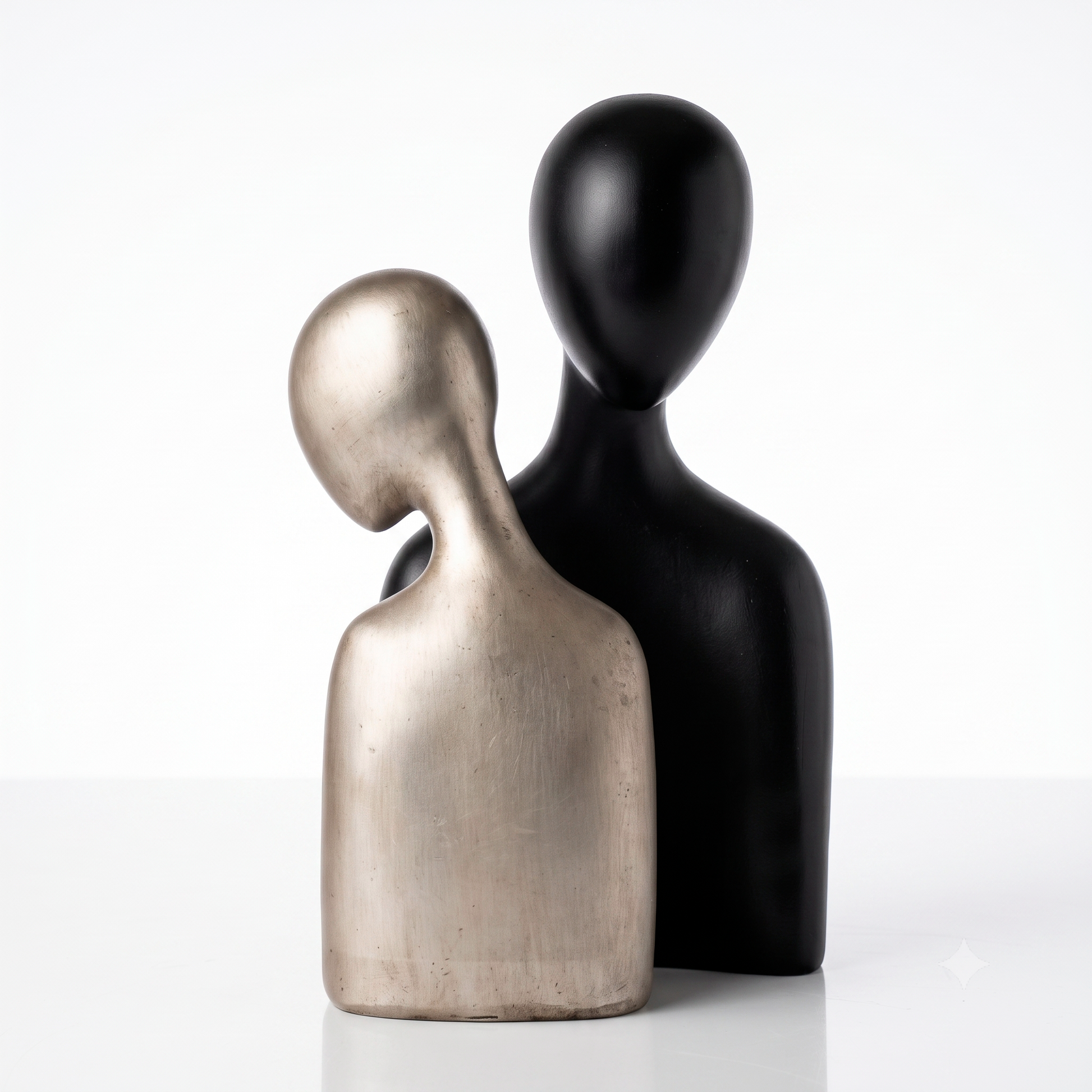 Set de esculturas abstractas de pareja en resina negra y plateada sobre pedestal, en ambiente neutro