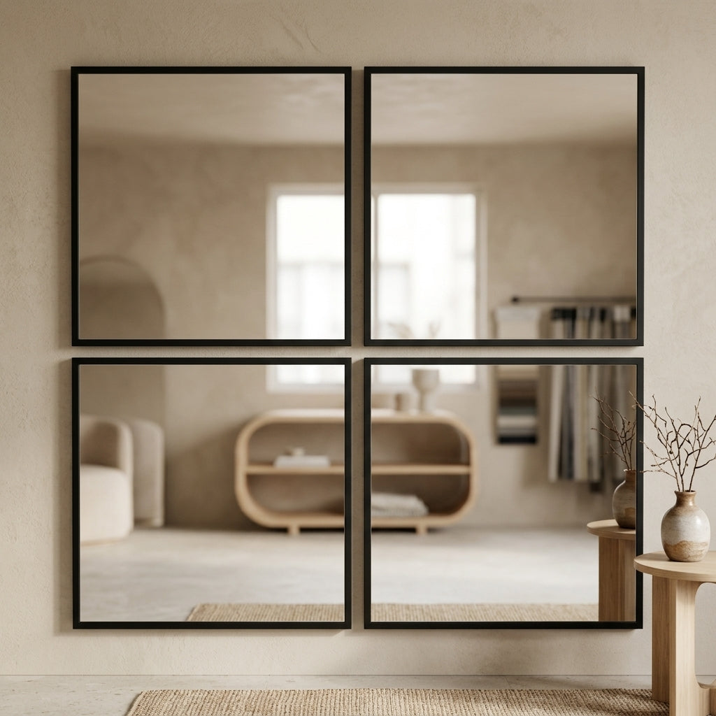 Set de Espejos Muisca de 4 piezas con marco metálico negro y diseño simétrico, montado en pared — Loft Mobiliario