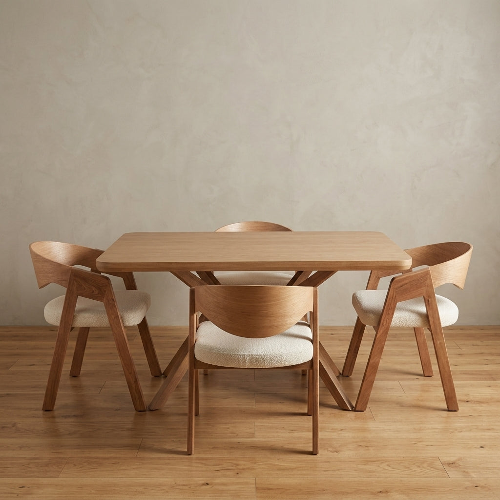 Juego de comedor en roble: mesa Pulpo 140×190 con tapa enchapada y 4 sillas Alfa, en ambiente — Loft Mobiliario