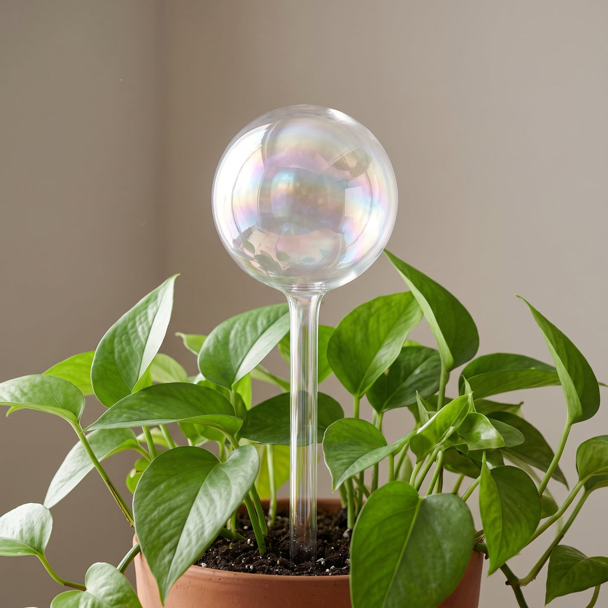 Gotero de riego autoirrigante en forma de esfera en vidrio iridiscente tornasol, insertado en planta de interior — LOFT Mobiliario