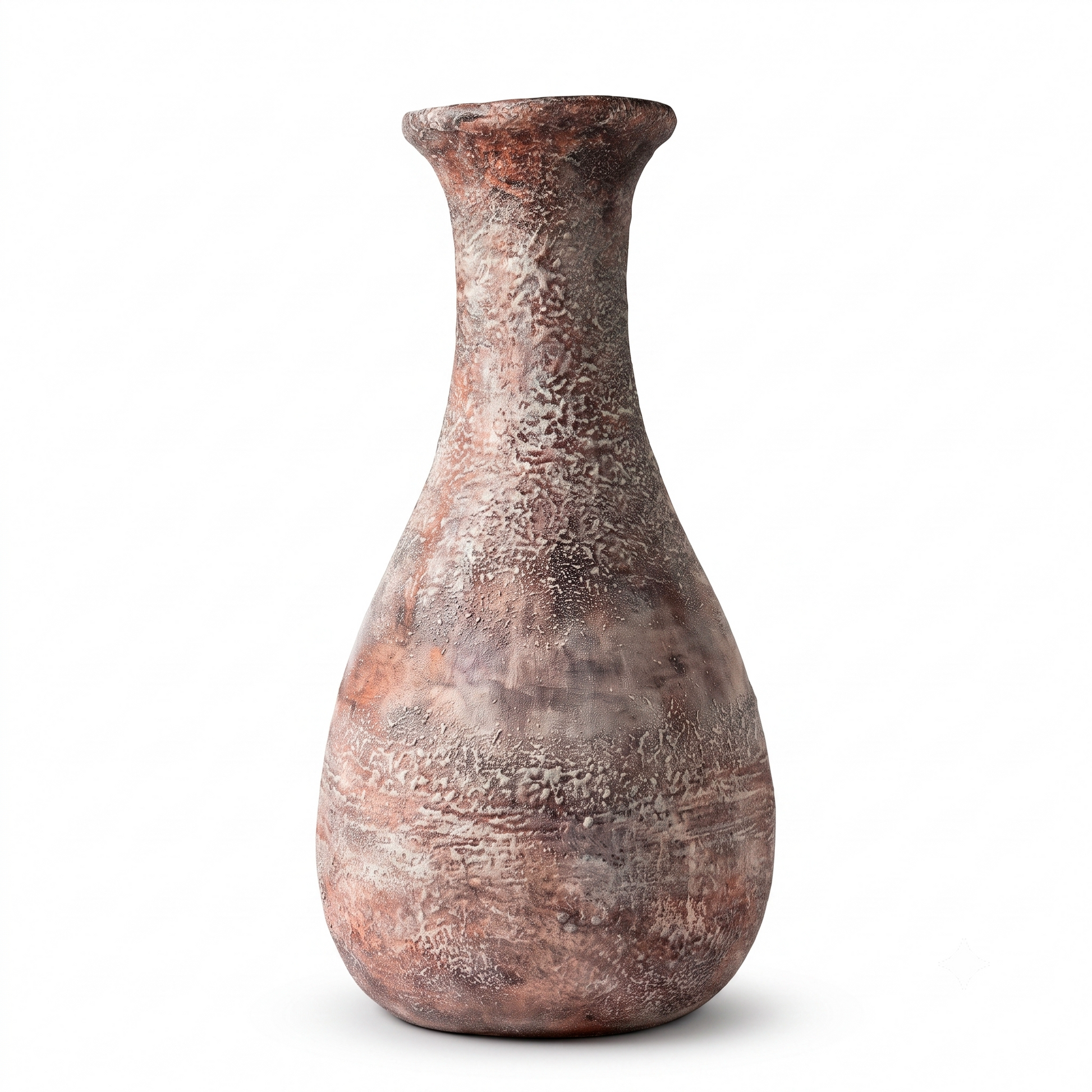 Jarrón decorativo de cerámica artesanal con acabado rústico envejecido en tonos terracota, vista completa sobre fondo blanco