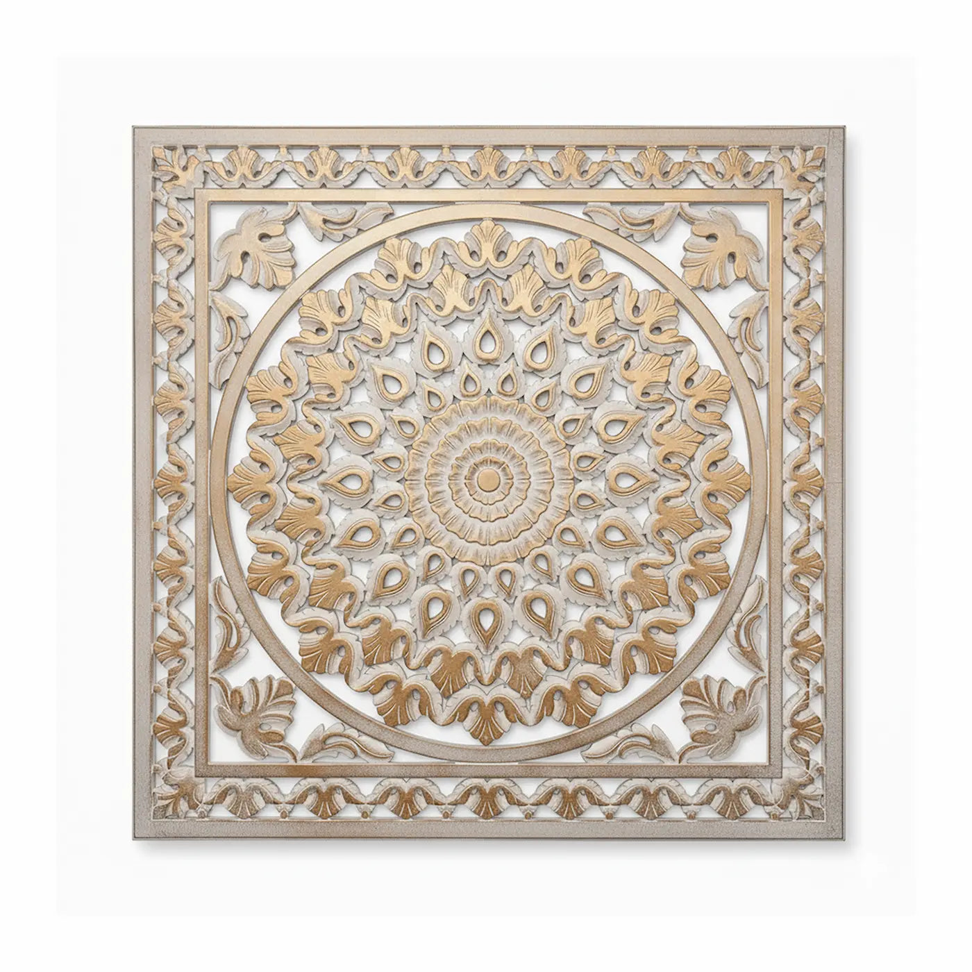 Mandala Cuadrada Tallada a Mano en MDF | Diseño Lotus Gold