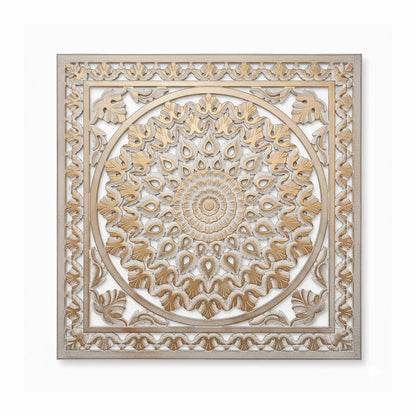 Mandala Cuadrada Tallada a Mano en MDF | Diseño Lotus Gold