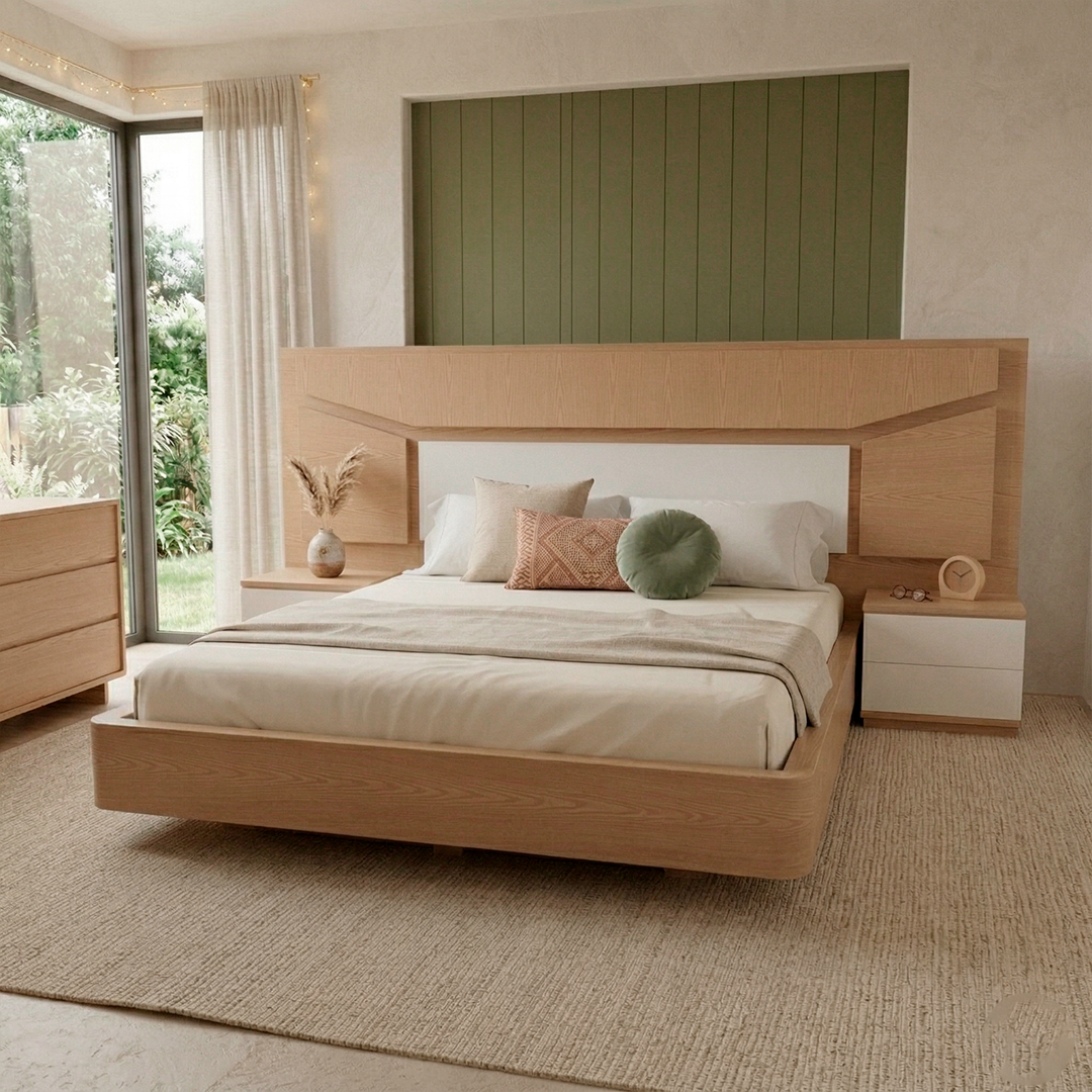 Decoración de habitación moderna con cama minimalista de madera Loft Mobiliario Colombia