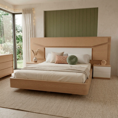 Decoración de habitación moderna con cama minimalista de madera Loft Mobiliario Colombia