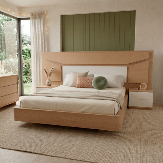 Decoración de habitación moderna con cama minimalista de madera Loft Mobiliario Colombia