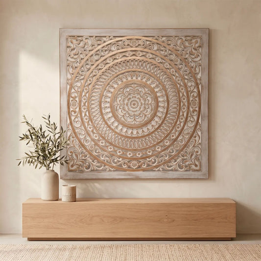 Decoración de lujo mandala con círculos tallados a mano en Medellín.