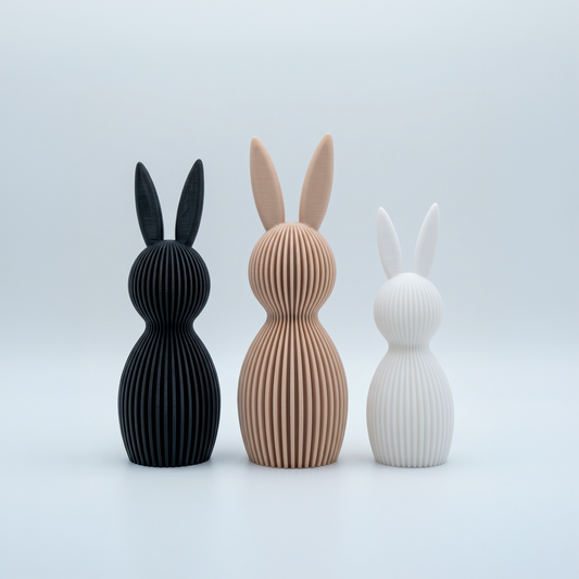 Set de tres figuras decorativas de conejos con textura de líneas en colores negro, arena y blanco de Loft Mobiliario en Medellín.