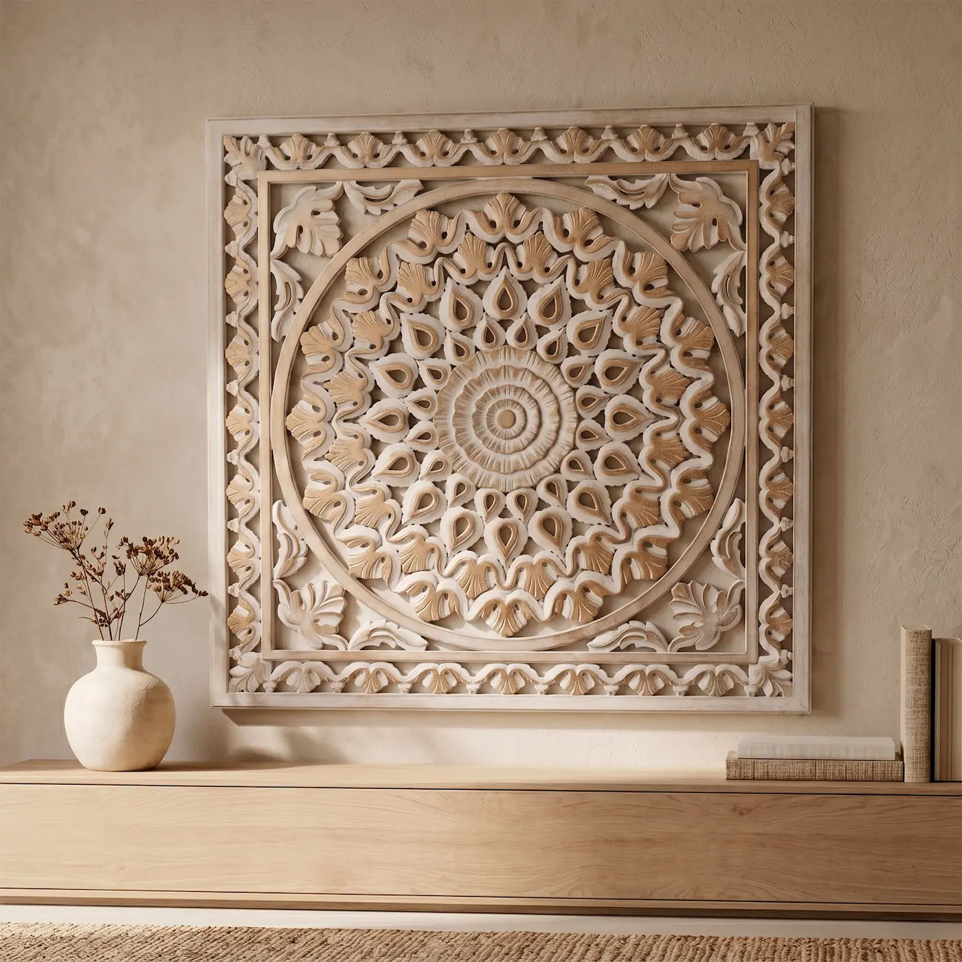 Mandala Cuadrada Tallada a Mano en MDF | Diseño Lotus Gold