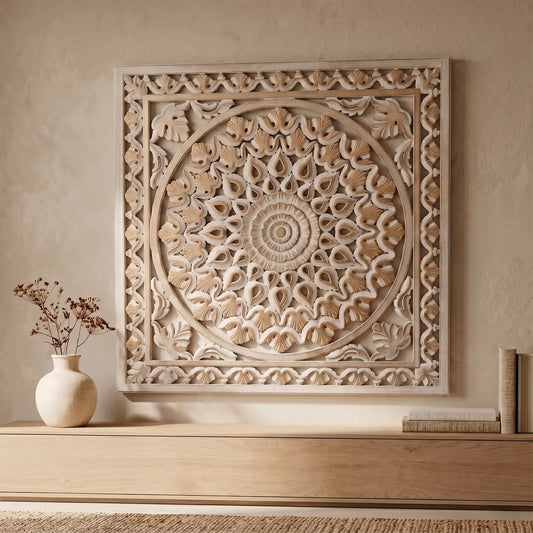 Mandala Cuadrada Tallada a Mano en MDF | Diseño Lotus Gold