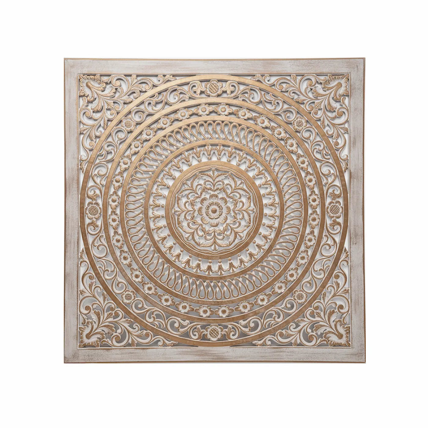 Mandala Golden Rings tallada a mano en MDF con fondo blanco.