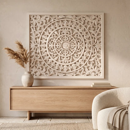 Decoración rectangular artesanal de madera para sala en Medellín.